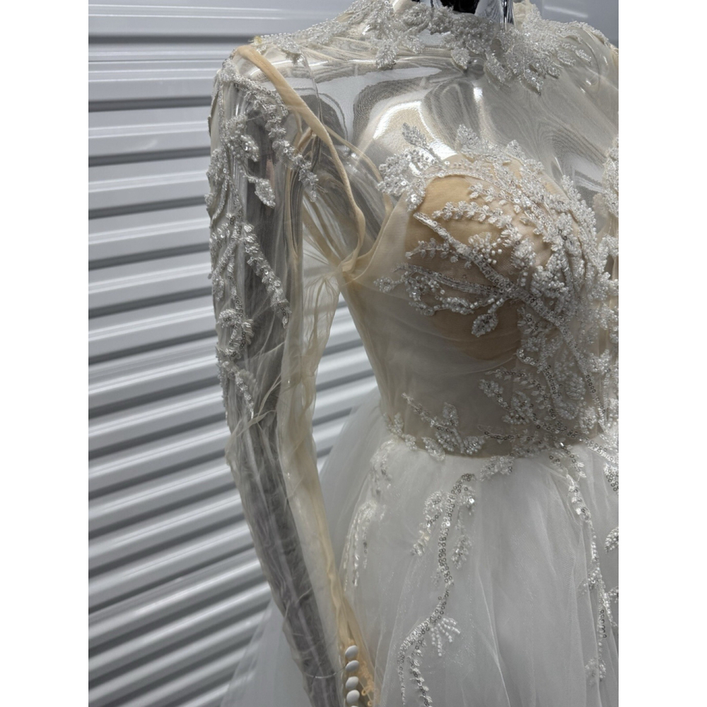 Missacc Petite S Wedding Gown A Line Ball Bridal Gown Beaded Mesh Top Long Sleev - Picture 4 of 9